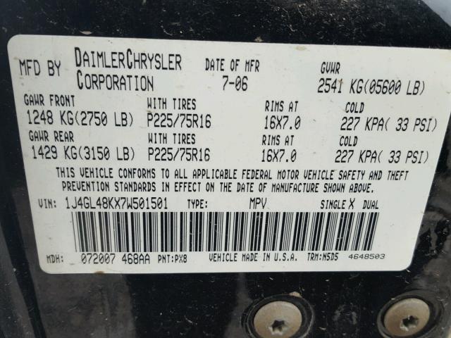 1J4GL48KX7W501501 - 2007 JEEP LIBERTY SP BLACK photo 10