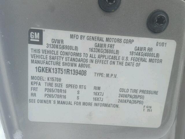 1GKEK13T51R139408 - 2001 GMC YUKON SILVER photo 10