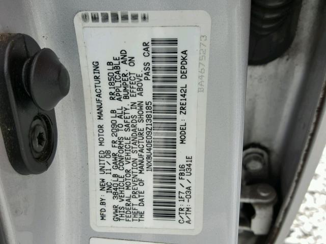 1NXBU40E09Z138185 - 2009 TOYOTA COROLLA BA SILVER photo 10