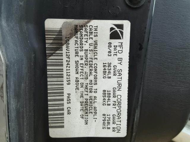 1G8AV12F24Z112159 - 2004 SATURN ION LEVEL SILVER photo 10