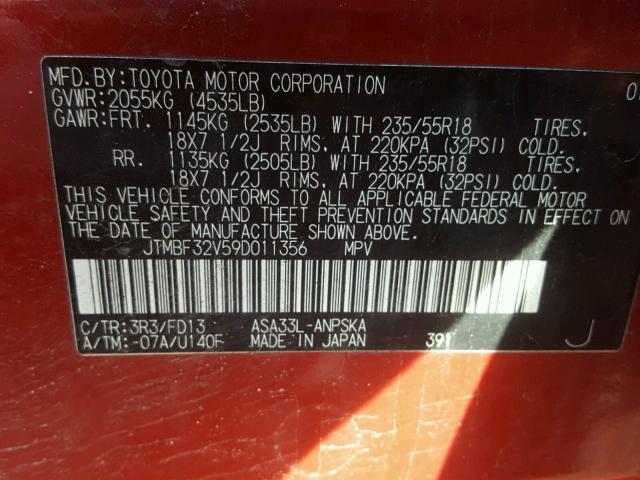 JTMBF32V59D011356 - 2009 TOYOTA RAV4 SPORT RED photo 10