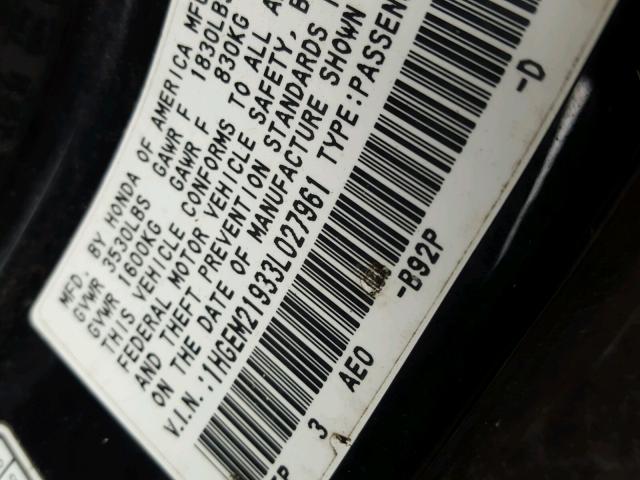 1HGEM21933L027961 - 2003 HONDA CIVIC EX შავი ფოტო 10