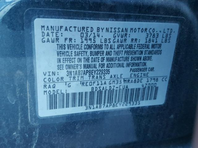 3N1AB7AP8EY229335 - 2014 NISSAN SENTRA S BLUE photo 10