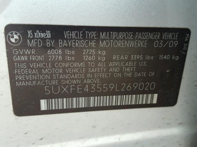 5UXFE43559L269020 - 2009 BMW X5 XDRIVE3 SILVER photo 10