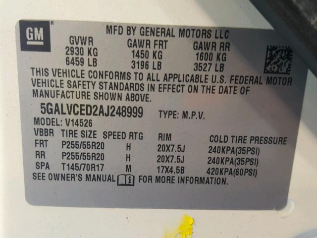 5GALVCED2AJ248999 - 2010 BUICK ENCLAVE CX WHITE photo 10