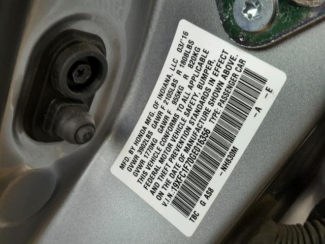 19XFC1F70GE016356 - 2016 HONDA CIVIC EXL SILVER photo 10