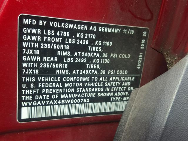 WVGAV7AX4BW000752 - 2011 VOLKSWAGEN TIGUAN S MAROON photo 10