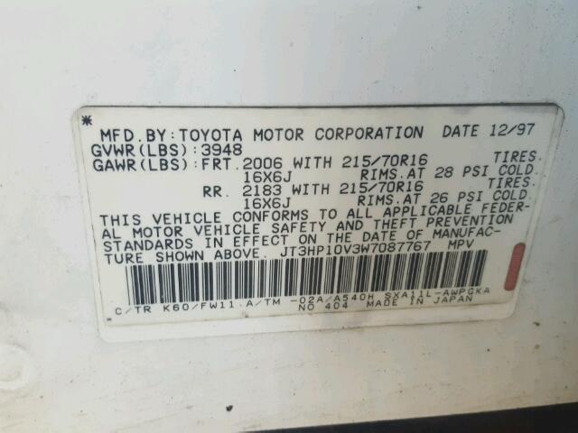 JT3HP10V3W7087767 - 1998 TOYOTA RAV4 WHITE photo 10