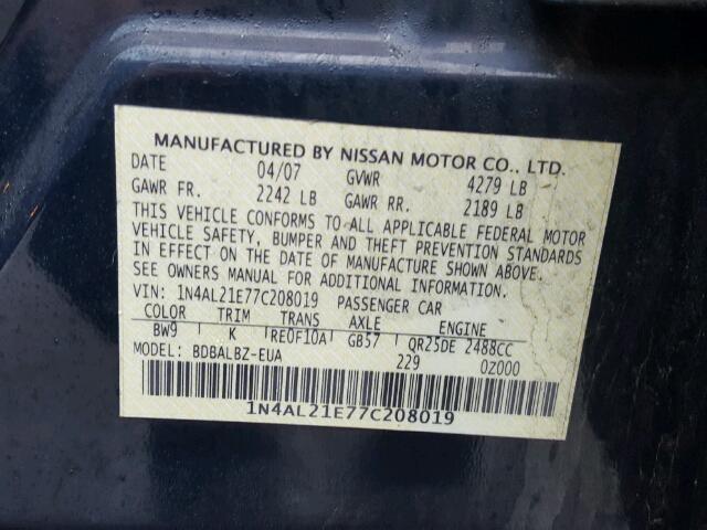 1N4AL21E77C208019 - 2007 NISSAN ALTIMA 2.5 BLUE photo 10