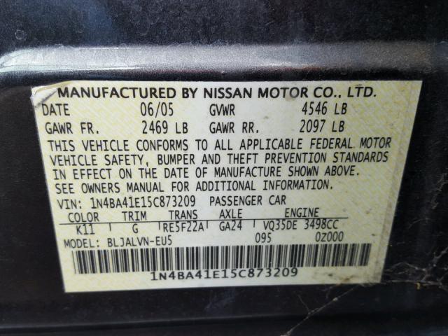 1N4BA41E15C873209 - 2005 NISSAN MAXIMA SE GRAY photo 10