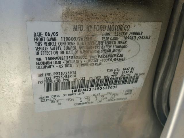 1MEFM43135G625032 - 2005 MERCURY MONTEGO PR 银色 照片 10