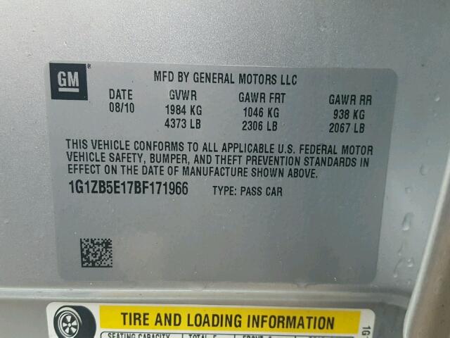 1G1ZB5E17BF171966 - 2011 CHEVROLET MALIBU LS ვერცხლისფერი ფოტო 10