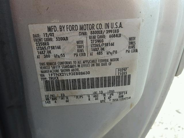 1FTNX21L93EB88630 - 2003 FORD F250 SUPER GRAY photo 10