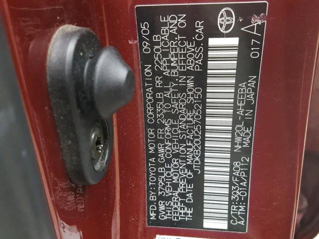 JTDKB20U257052150 - 2005 TOYOTA PRIUS BURGUNDY photo 10