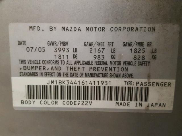 JM1BK344161411931 - 2006 MAZDA 3 HATCHBAC SILVER photo 10