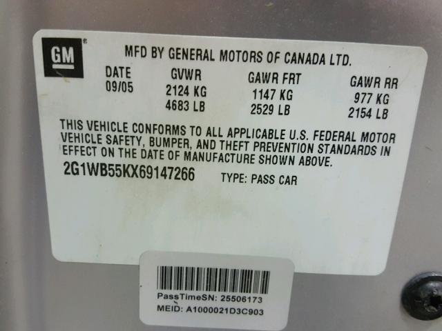 2G1WB55KX69147266 - 2006 CHEVROLET IMPALA LS SILVER photo 10