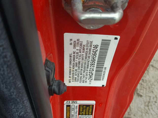 2HGFG12856H564246 - 2006 HONDA CIVIC EX RED photo 10