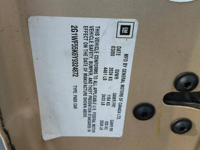 2G1WF55K6Y9324872 - 2000 CHEVROLET IMPALA 金色 照片 10