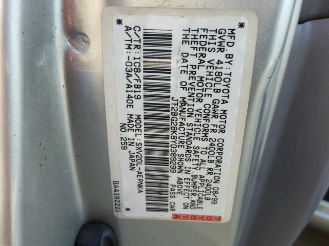 JT2BG28K8Y0389299 - 2000 TOYOTA CAMRY LE SILVER photo 10