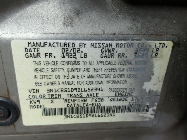 3N1CB51D92L652341 - 2002 NISSAN SENTRA XE SILVER photo 10