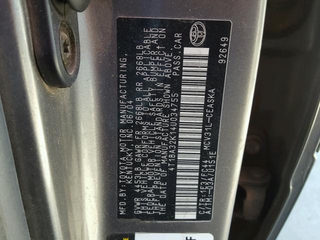 4T1BA32K14U034755 - 2004 TOYOTA CAMRY SE GRAY photo 10