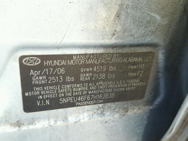 5NPEU46F67H162838 - 2007 HYUNDAI SONATA SE SILVER photo 10