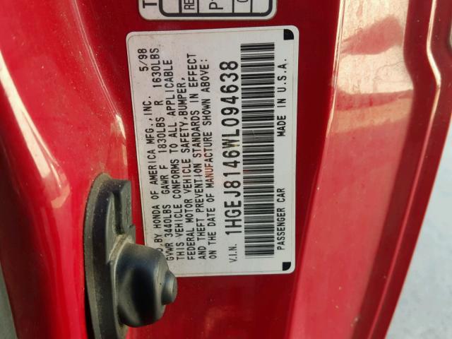 1HGEJ8146WL094638 - 1998 HONDA CIVIC EX RED photo 10