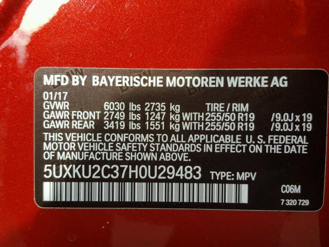 5UXKU2C37H0U29483 - 2017 BMW X6 XDRIVE3 RED photo 10