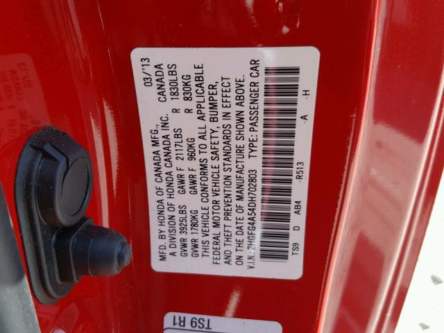 2HGFG4A54DH702803 - 2013 HONDA CIVIC SI RED photo 10