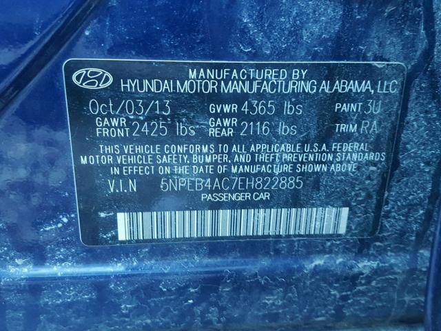 5NPEB4AC7EH822885 - 2014 HYUNDAI SONATA GLS BLUE photo 10