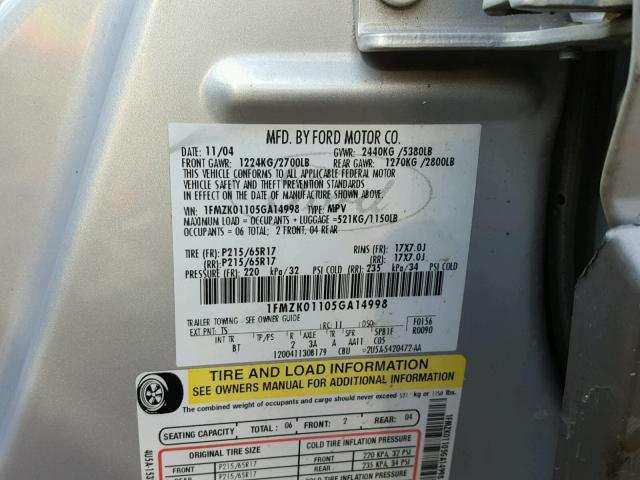 1FMZK01105GA14998 - 2005 FORD FREESTYLE SILVER photo 10