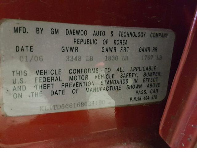KL1TD56616B634190 - 2006 CHEVROLET AVEO BASE Kırmızı fotoğraf 10
