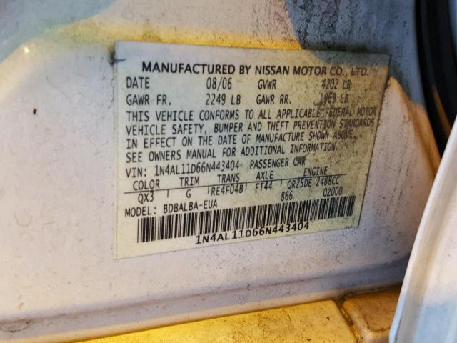 1N4AL11D66N443404 - 2006 NISSAN ALTIMA S WHITE photo 10