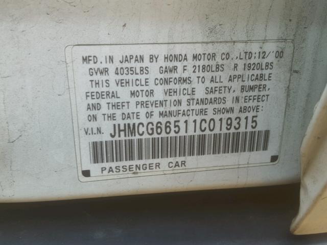 JHMCG66511C019315 - 2001 HONDA ACCORD LX WHITE photo 10