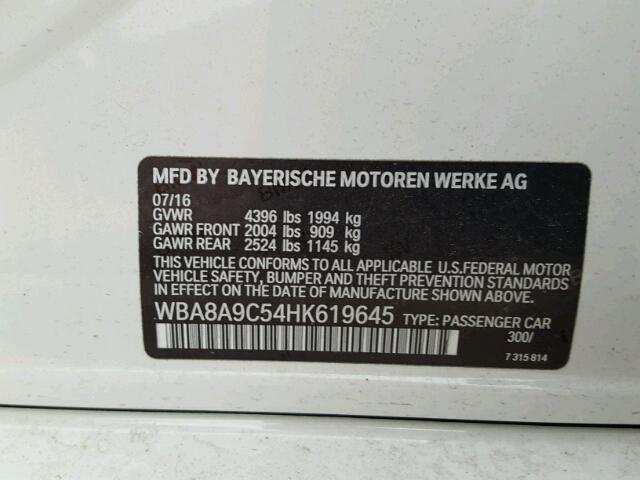 WBA8A9C54HK619645 - 2017 BMW 320 I WHITE photo 10