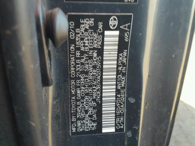 JTKDE3B7XA0315915 - 2010 TOYOTA SCION TC 灰色 照片 10