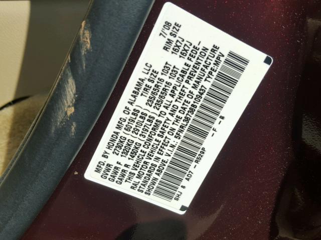 5FNRL38738B109437 - 2008 HONDA ODYSSEY EX RED photo 10