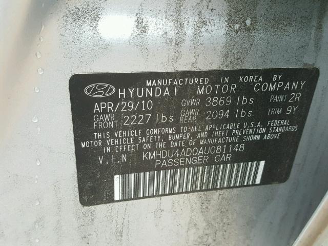 KMHDU4AD0AU081148 - 2010 HYUNDAI ELANTRA BL SILVER photo 10