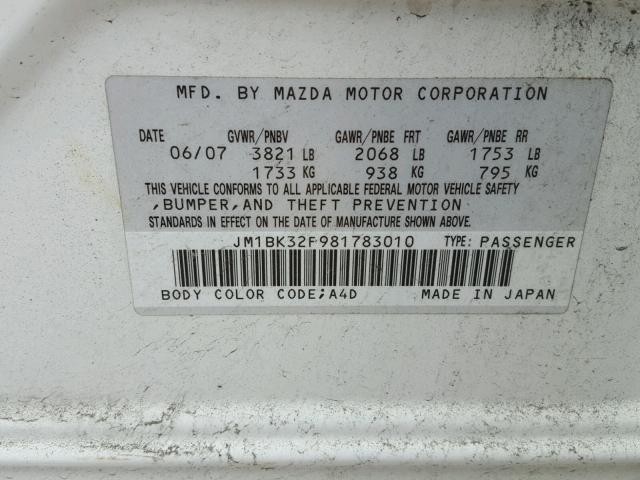 JM1BK32F981783010 - 2008 MAZDA 3 I WHITE photo 10