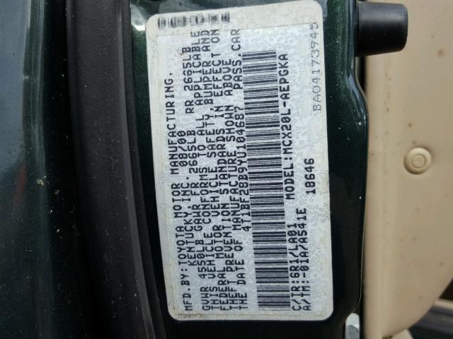 4T1BF28B9YU104687 - 2000 TOYOTA AVALON XL GREEN photo 10