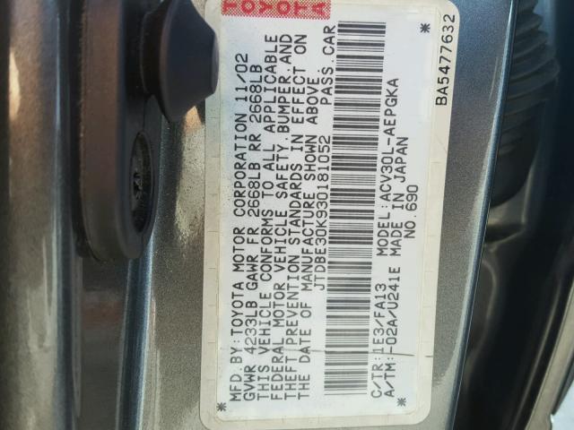 JTDBE30K930181052 - 2003 TOYOTA CAMRY LE GRAY photo 10