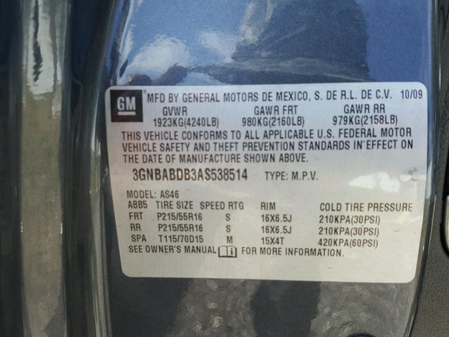 3GNBABDB3AS538514 - 2010 CHEVROLET HHR LT GRAY photo 10