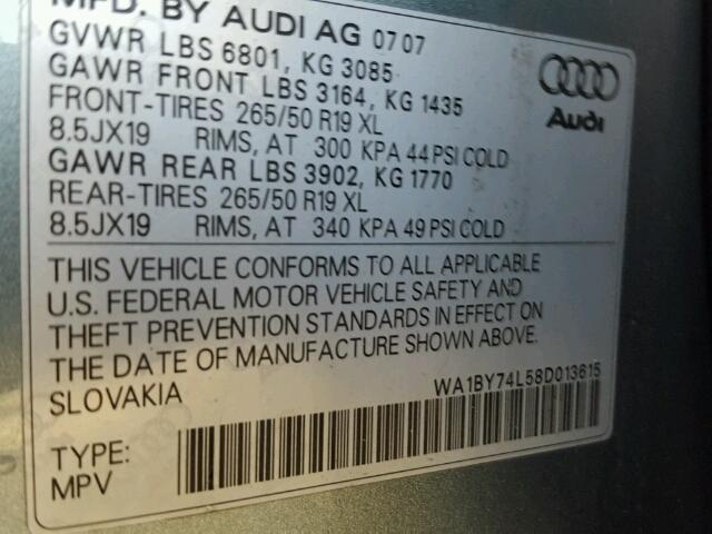 WA1BY74L58D013615 - 2008 AUDI Q7 3.6 QUA GRAY photo 10