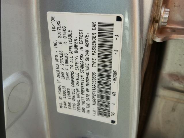 1HGCP2F41AA039806 - 2010 HONDA ACCORD LXP SILVER photo 10