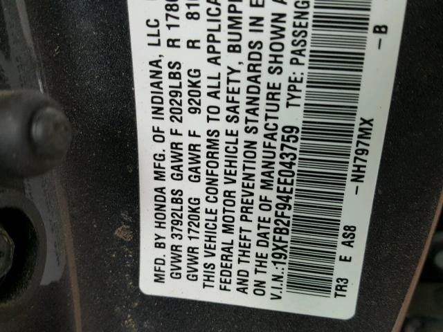 19XFB2F94EE043759 - 2014 HONDA CIVIC EXL GRAY photo 10