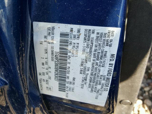 1FAHP33NX8W283027 - 2008 FORD FOCUS SE BLUE photo 10