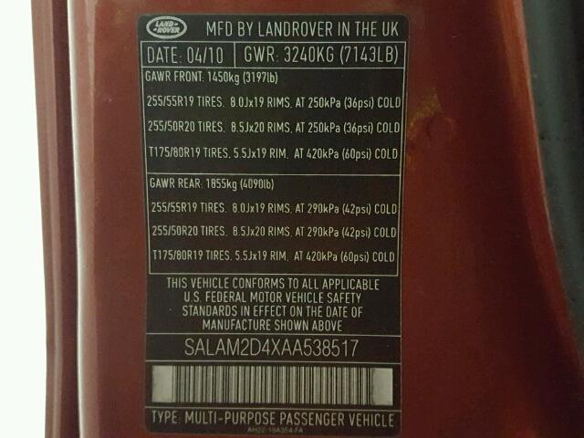 SALAM2D4XAA538517 - 2010 LAND ROVER LR4 HSE PL RED photo 10