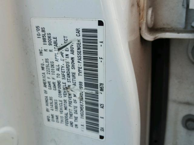 1HGCM56736A022999 - 2006 HONDA ACCORD EX WHITE photo 10