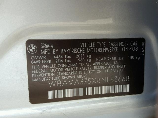 WBAVA375X8NL53668 - 2008 BMW 328 I SILVER photo 10