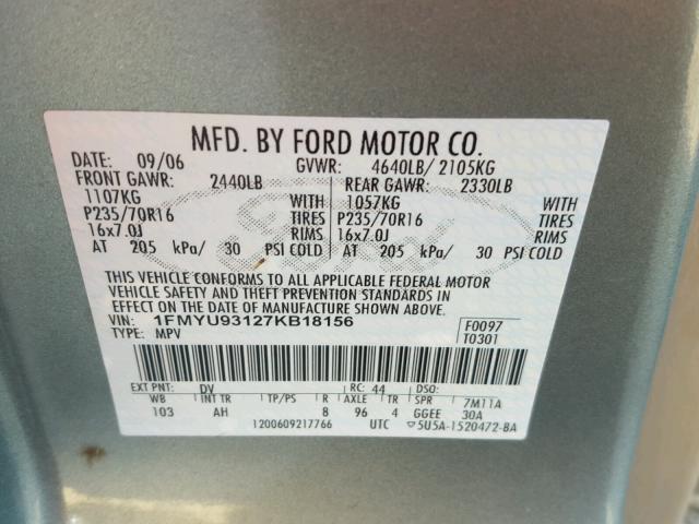 1FMYU93127KB18156 - 2007 FORD ESCAPE XLT GREEN photo 10